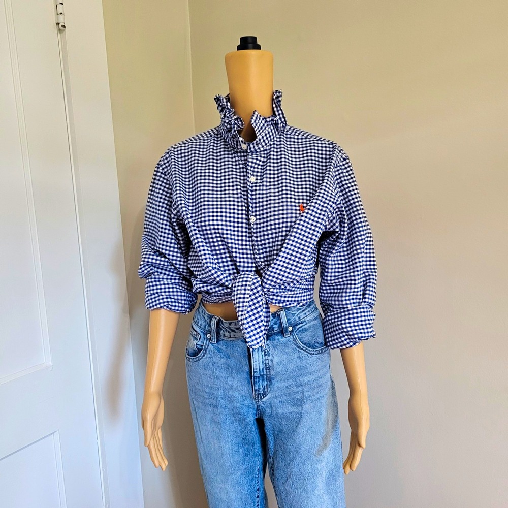 Viral Reworked Upcycled Ralph Lauren Ruffle Collar Shirt Size M Gingham